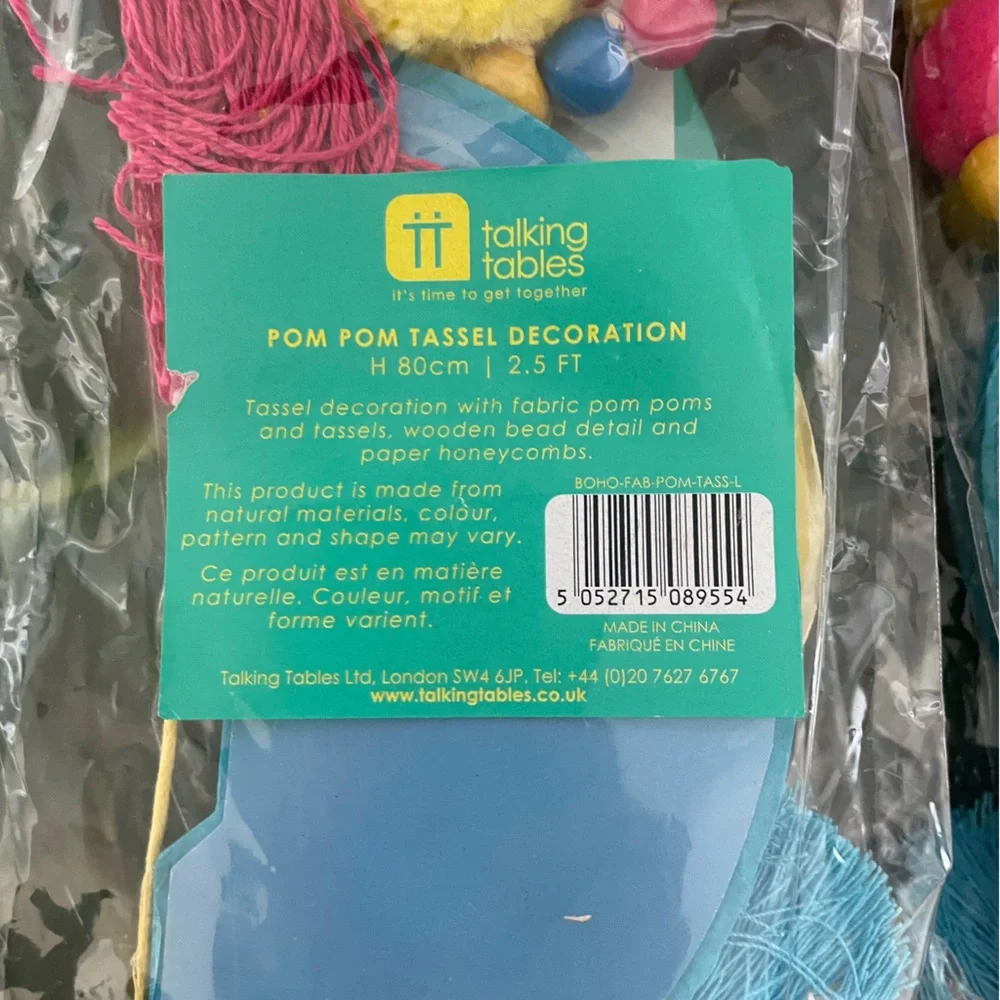Talking Tables Pom Pom yarn Tassels beads decor set of 4 NWT for car, home, etc.